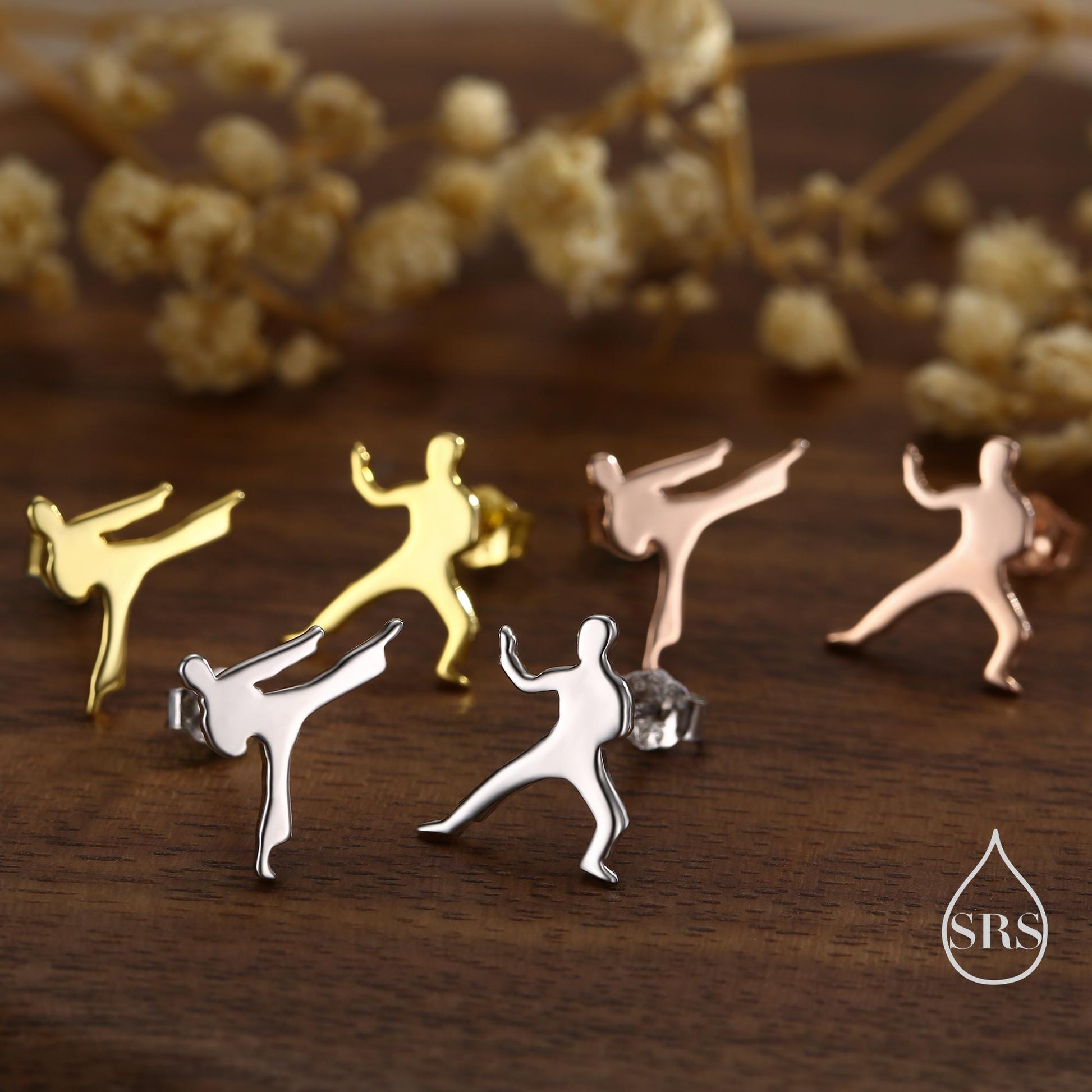 Mismatched Tiny Karate Stud Earrings in Sterling Silver, Silver, Gold or Rose Gold, Asymmetric Kung Fu Earrings, Martial Art Earrings