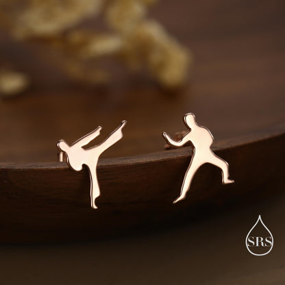Mismatched Tiny Karate Stud Earrings in Sterling Silver, Silver, Gold or Rose Gold, Asymmetric Kung Fu Earrings, Martial Art Earrings