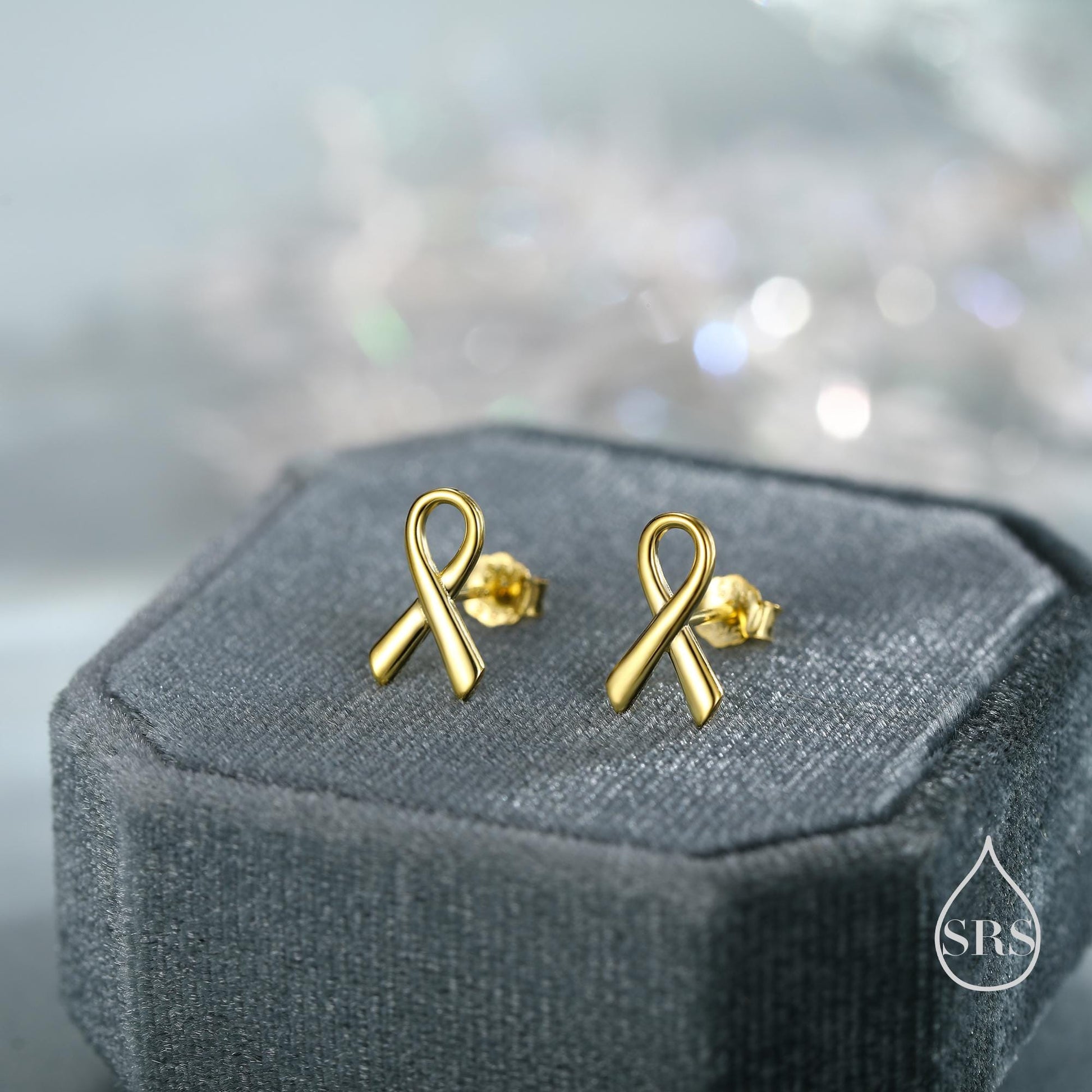 Pink Ribbon Stud Earrings in Sterling Silver, Silver, Gold or Rose Gold, Breast Cancer Awareness Jewellery. Ribbon earrings.