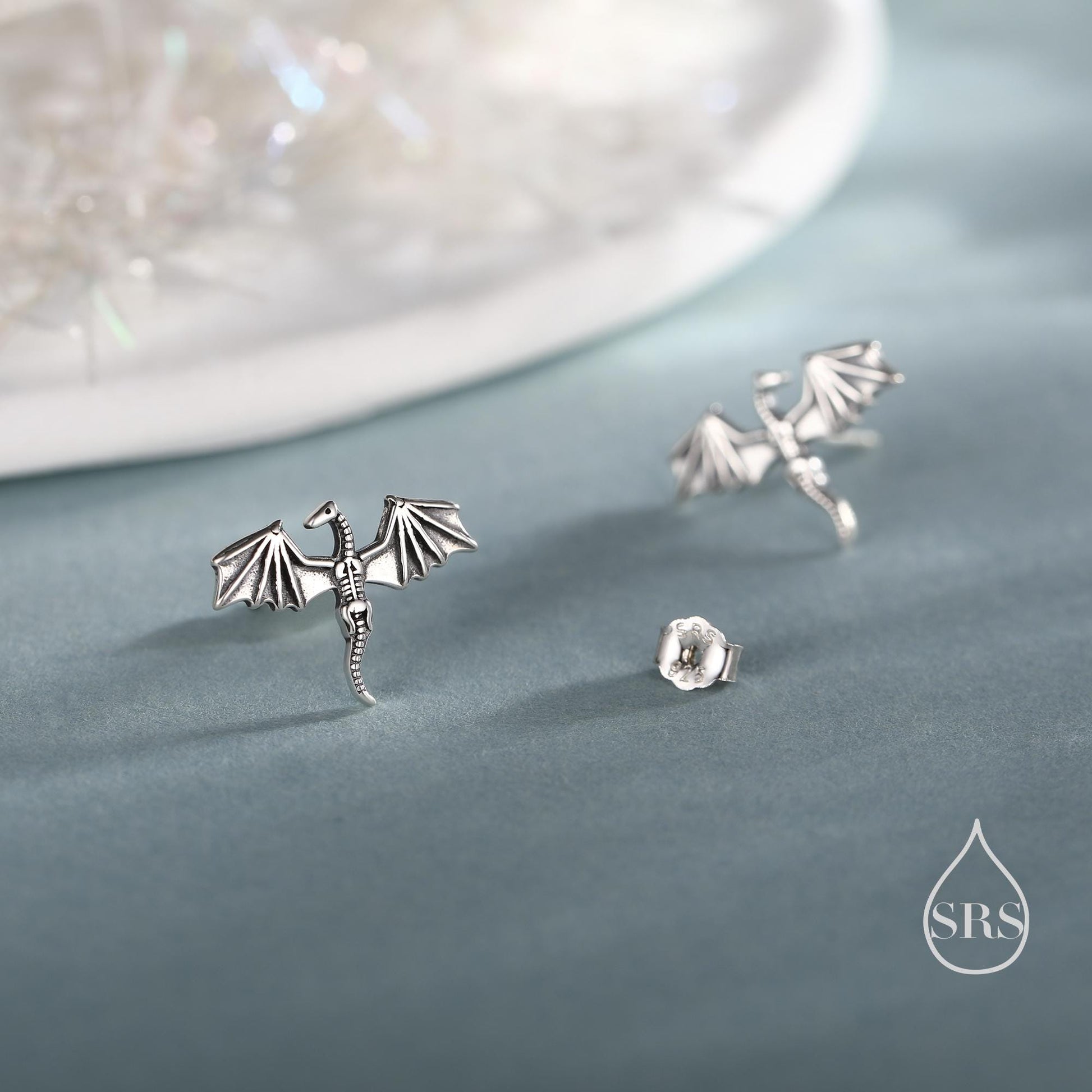Dragon Skeleton Stud Earrings in Sterling Silver, Oxidised Finish Dragon Skeleton Earrings, Dainty and Tiny Earrings