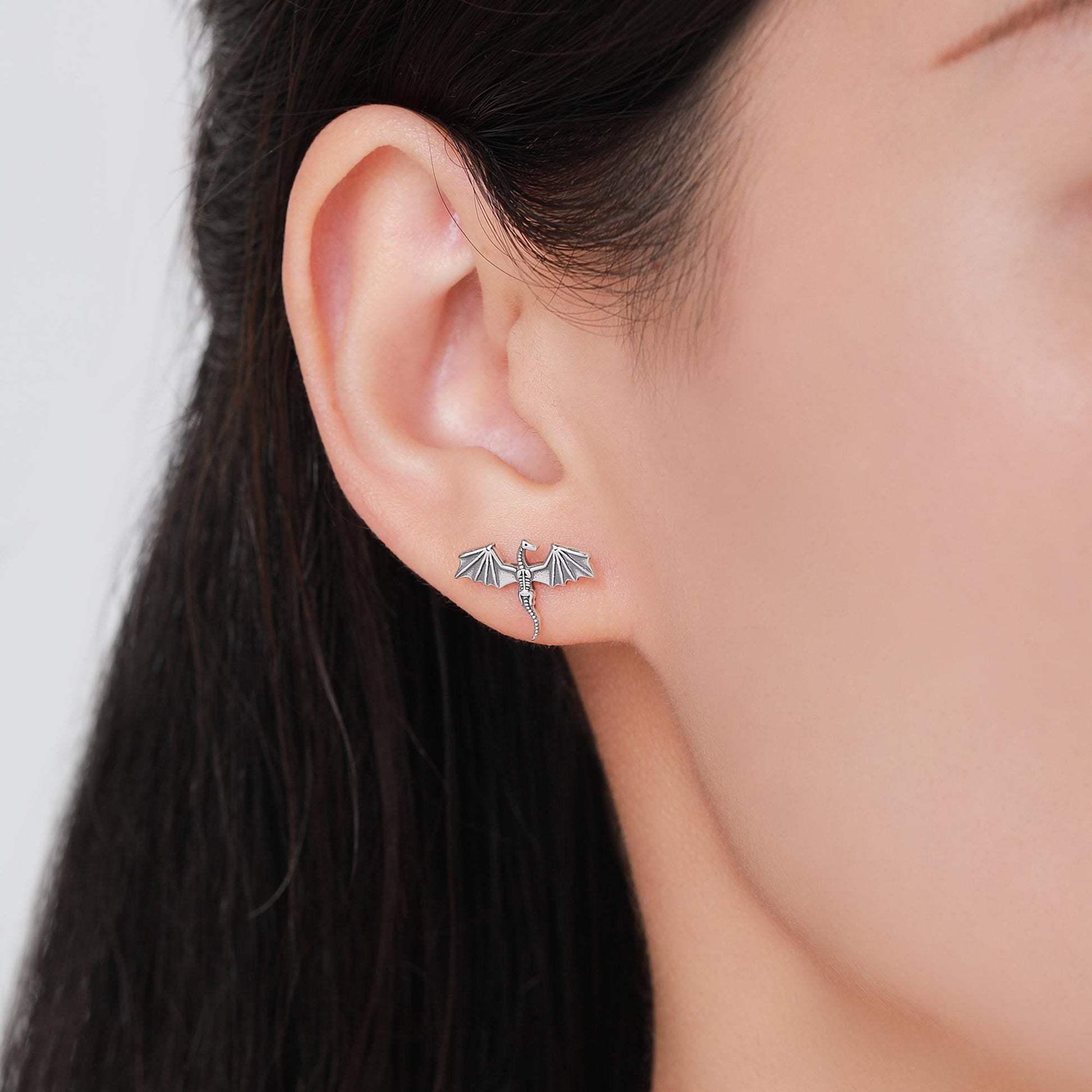 Dragon Skeleton Stud Earrings in Sterling Silver, Oxidised Finish Dragon Skeleton Earrings, Dainty and Tiny Earrings