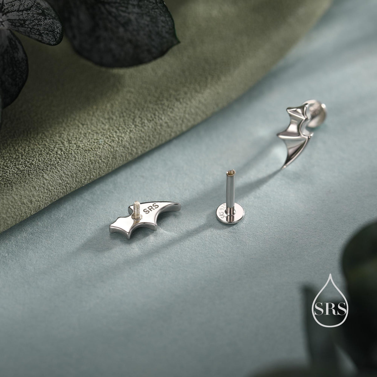 Bat Wing 16G Internally Threaded Flat Back Earrings in Sterling Silver, Animal Earrings
