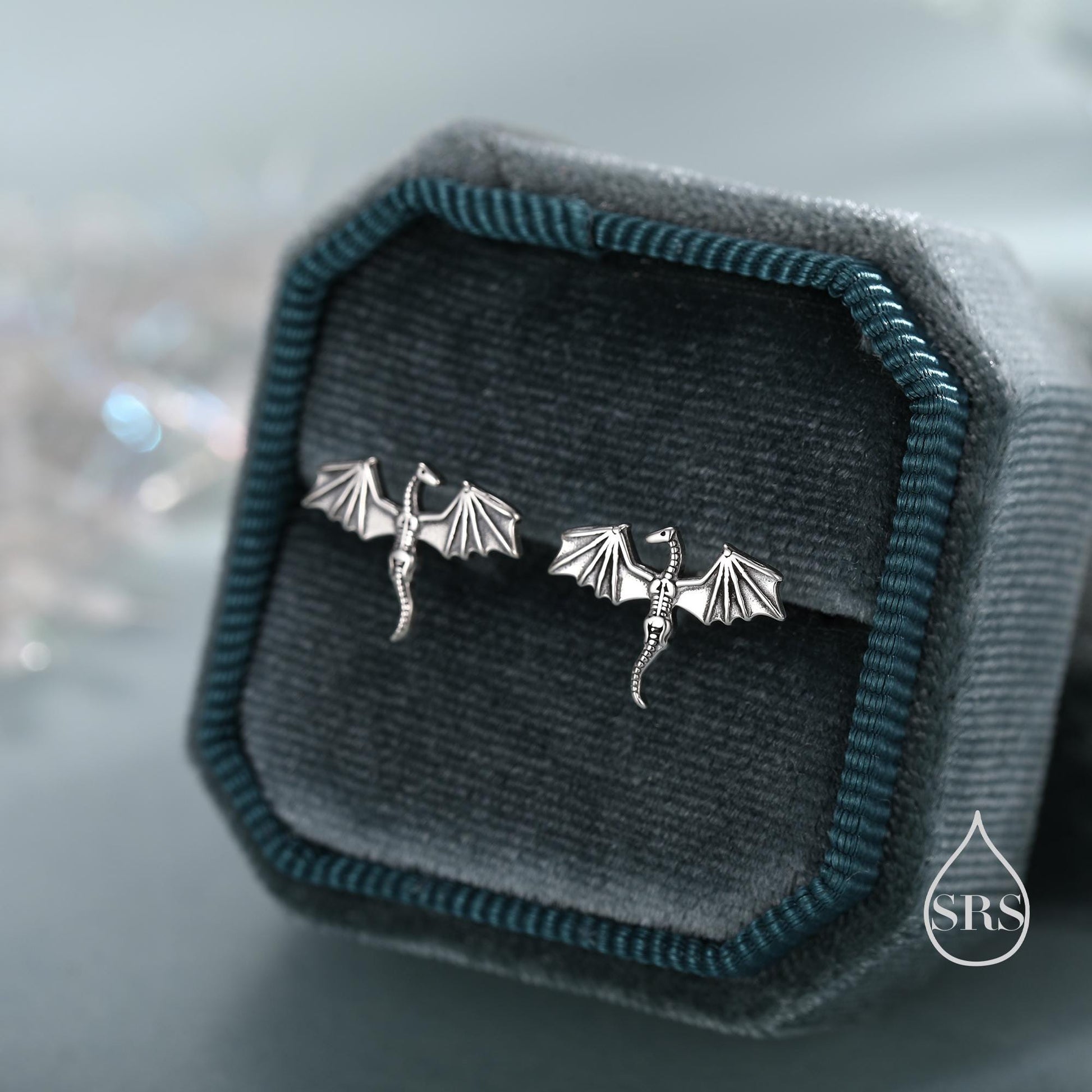 Dragon Skeleton Stud Earrings in Sterling Silver, Oxidised Finish Dragon Skeleton Earrings, Dainty and Tiny Earrings