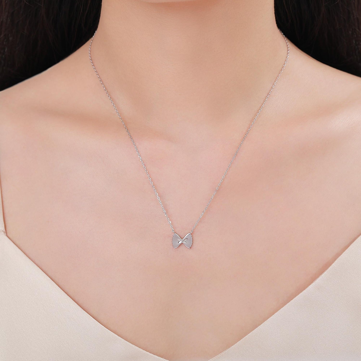 Farfalle Pasta Shape Pendant Necklace in Sterling Silver, Ribbon Bow Necklace, Playful and Quirky Food Jewellery, Silver, Gold or Rose Gold