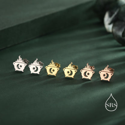 Tiny Cauldron Stud Earrings in Sterling Silver, Silver, Gold or Rose Gold, Small Halloween Earrings