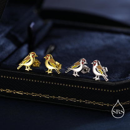 Tiny Goldfinch Bird Stud Earrings in Sterling Silver, Silver or Gold, Enamel Bird Earrings, Nature Inspired Animal Earrings