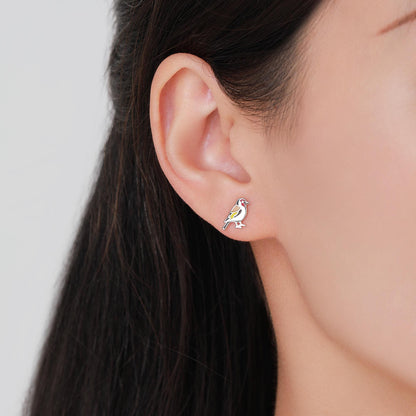 Tiny Goldfinch Bird Stud Earrings in Sterling Silver, Silver or Gold, Enamel Bird Earrings, Nature Inspired Animal Earrings