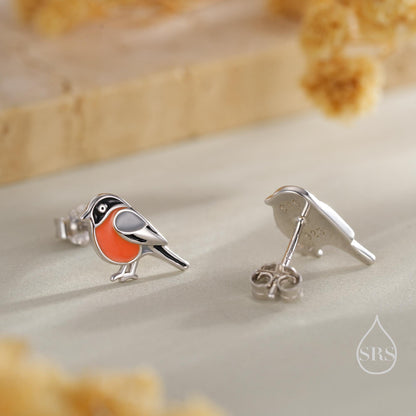 Tiny Bullfinch Bird Stud Earrings in Sterling Silver, Silver or Gold, Enamel Bird Earrings, Nature Inspired Animal Earrings