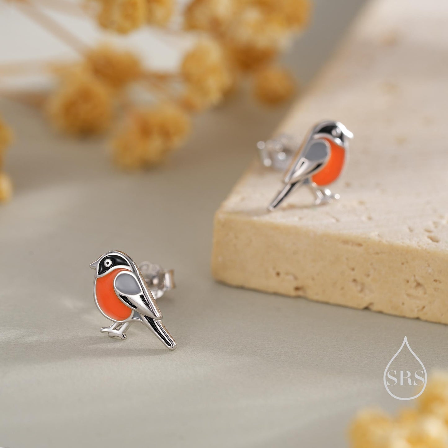 Tiny Bullfinch Bird Stud Earrings in Sterling Silver, Silver or Gold, Enamel Bird Earrings, Nature Inspired Animal Earrings