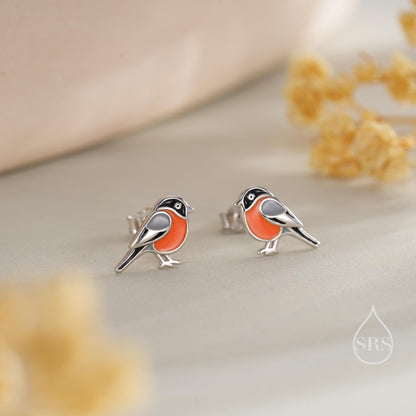 Tiny Bullfinch Bird Stud Earrings in Sterling Silver, Silver or Gold, Enamel Bird Earrings, Nature Inspired Animal Earrings
