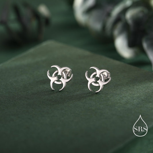 Tiny Biohazard Stud Earrings in Sterling Silver, Silver, Gold or Rose Gold, Small Halloween Earrings