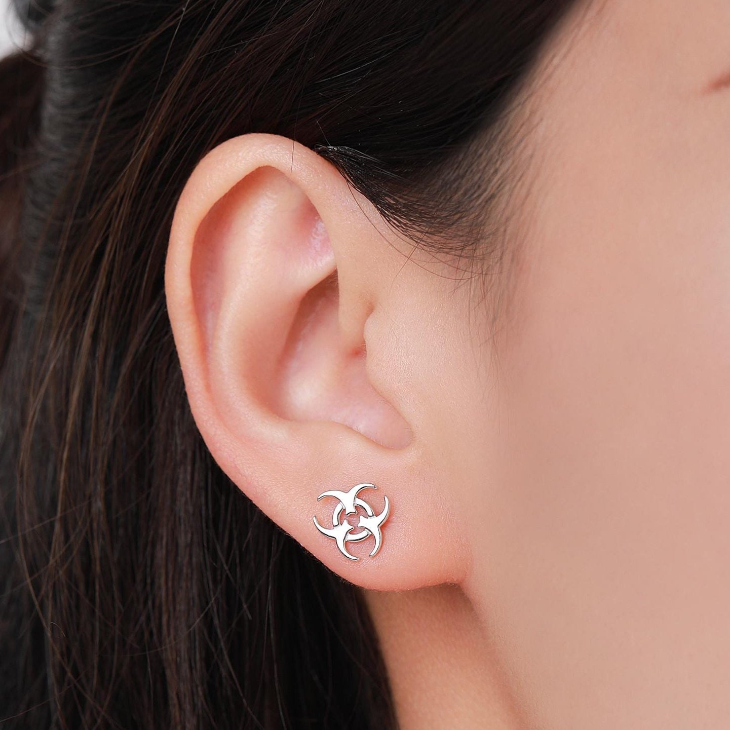 Tiny Biohazard Stud Earrings in Sterling Silver, Silver, Gold or Rose Gold, Small Halloween Earrings