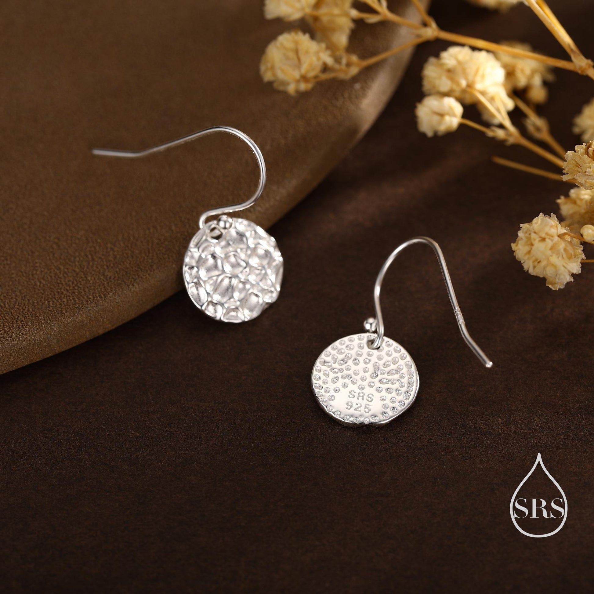 Hammered Disks Dangle Drop Earrings in Sterling Silver, Silver or Gold or Rose Gold, Minimalist Hammered Disk Earrings