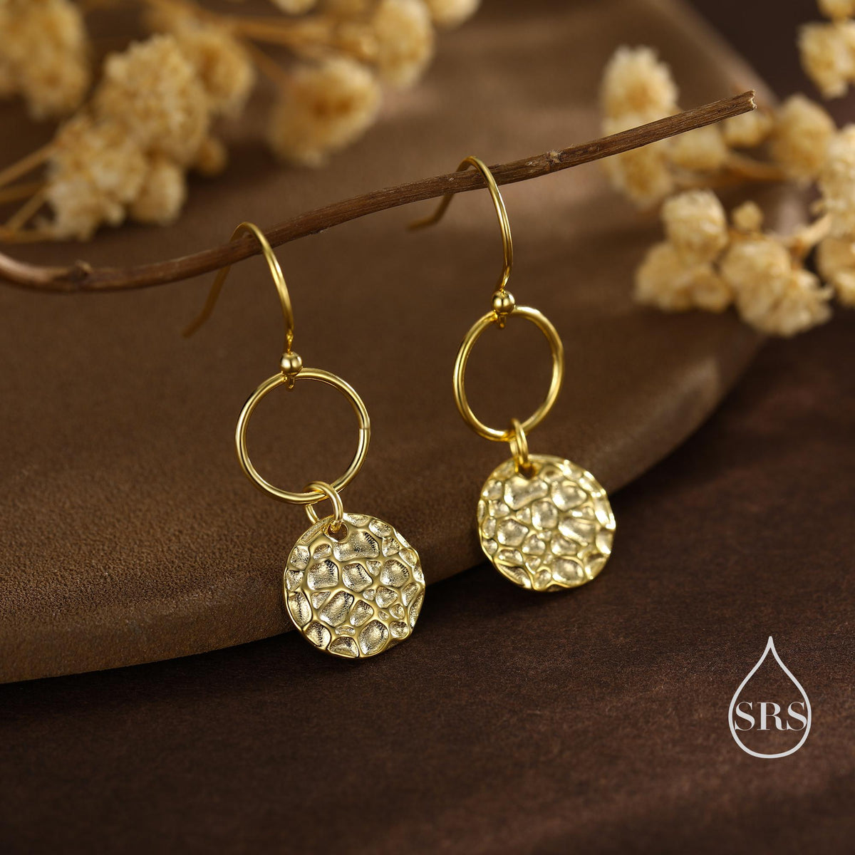Hammered Disks and Circle Dangle Drop Earrings in Sterling Silver, Silver, Gold or Rose Gold, Minimalist Hammered Disk Earrings