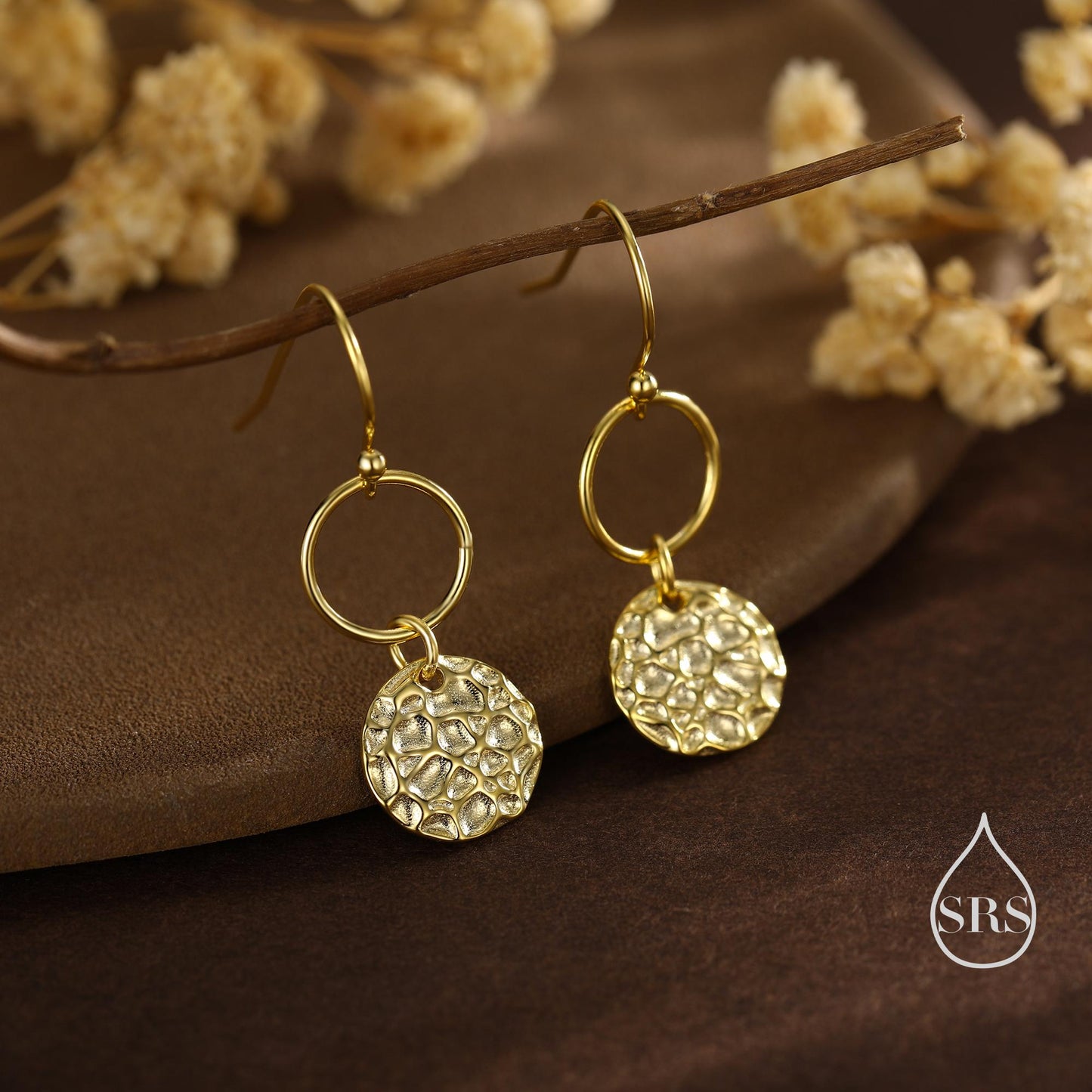 Hammered Disks and Circle Dangle Drop Earrings in Sterling Silver, Silver, Gold or Rose Gold, Minimalist Hammered Disk Earrings