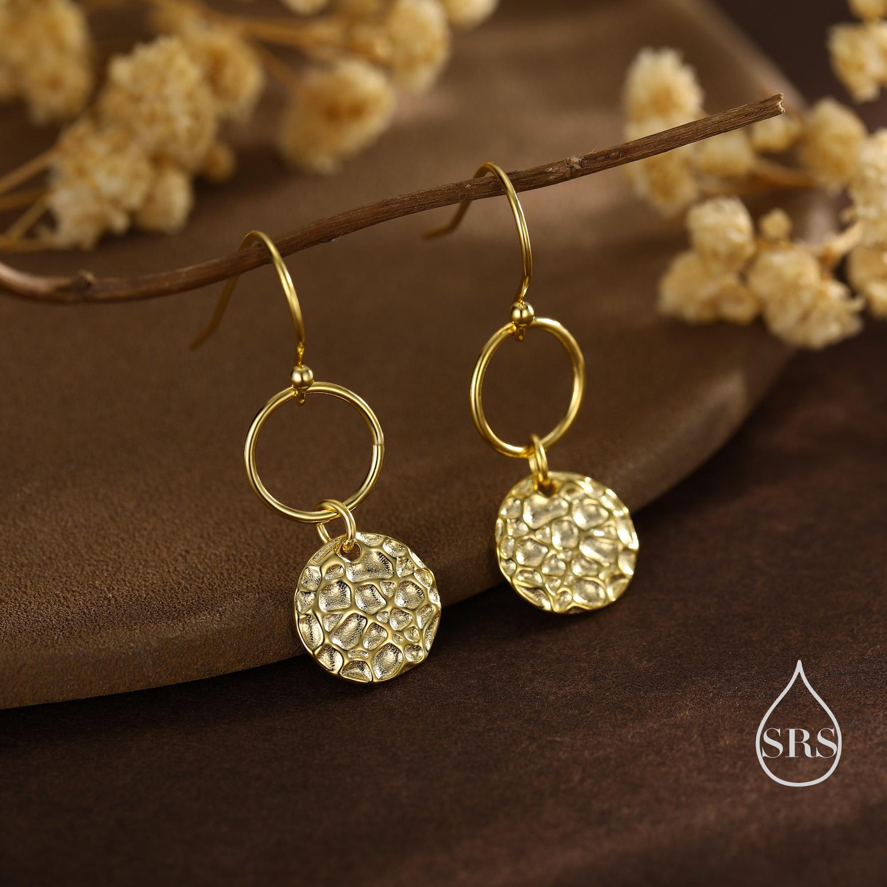 Hammered Disks and Circle Dangle Drop Earrings in Sterling Silver, Silver, Gold or Rose Gold, Minimalist Hammered Disk Earrings