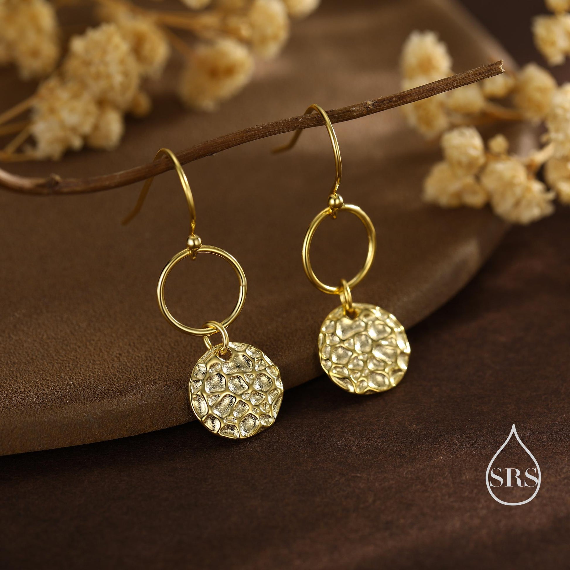 Hammered Disks and Circle Dangle Drop Earrings in Sterling Silver, Silver, Gold or Rose Gold, Minimalist Hammered Disk Earrings