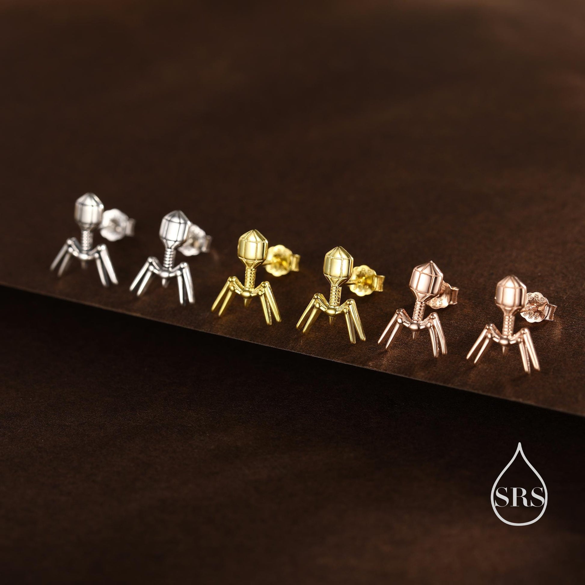 Sterling Silver Bacteriophage Stud Earrings, Available in Silver, Gold or Rose Gold Finish, Cute Fun Quirky, Gift for Her, Nature Inspired