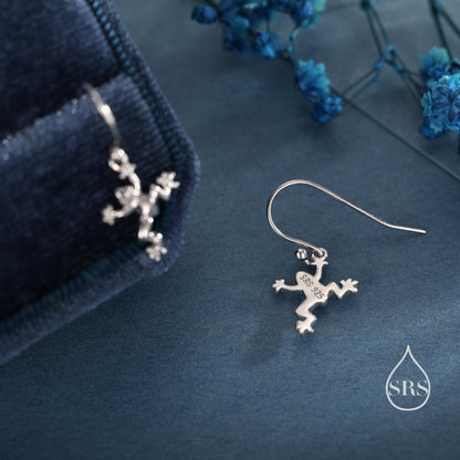 Tiny Frog Drop Hook Earrings in Sterling Silver, Tree Frog Earrings, Silver or Gold or Rose Gold, Rain Forest Frog Nature Inspired