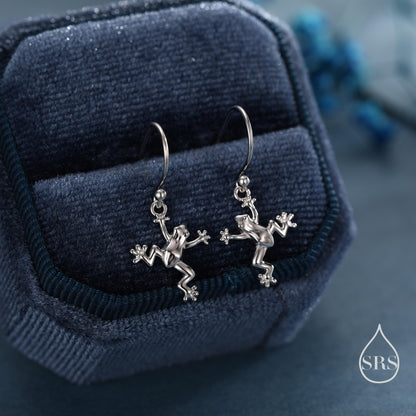 Tiny Frog Drop Hook Earrings in Sterling Silver, Tree Frog Earrings, Silver or Gold or Rose Gold, Rain Forest Frog Nature Inspired