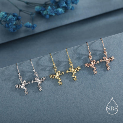 Tiny Frog Drop Hook Earrings in Sterling Silver, Tree Frog Earrings, Silver or Gold or Rose Gold, Rain Forest Frog Nature Inspired