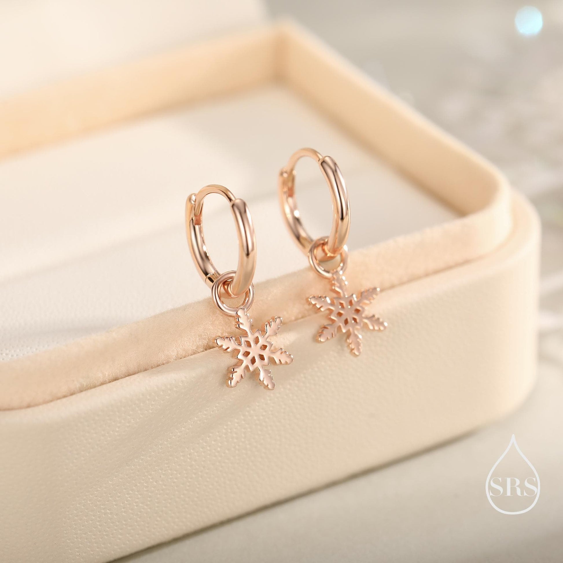 Dainty Snowflake Huggie Hoop in Sterling Silver, Silver or Gold or Rose Gold, Snow Earrings, Snowflake Earrings