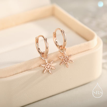 Dainty Snowflake Huggie Hoop in Sterling Silver, Silver or Gold or Rose Gold, Snow Earrings, Snowflake Earrings