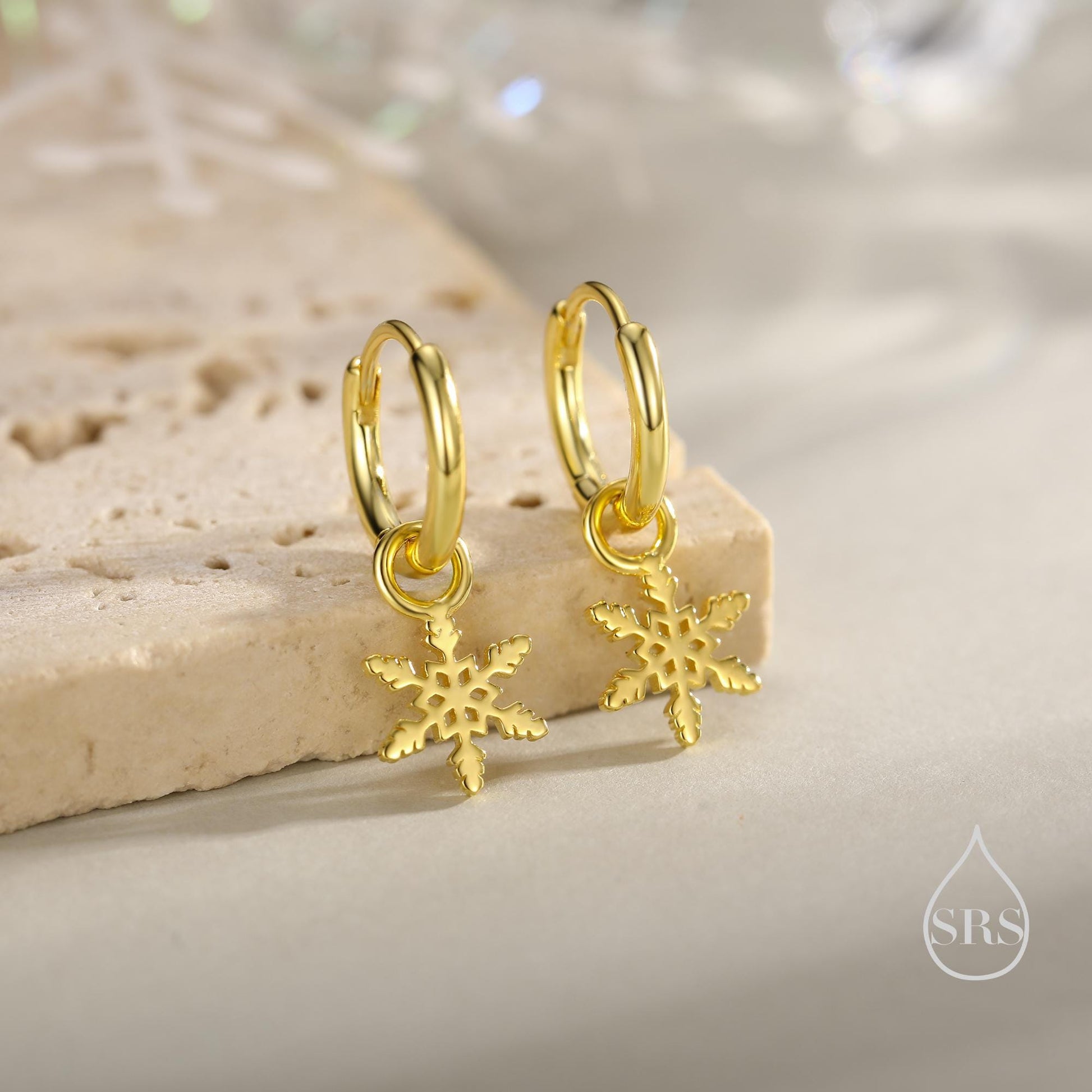 Dainty Snowflake Huggie Hoop in Sterling Silver, Silver or Gold or Rose Gold, Snow Earrings, Snowflake Earrings
