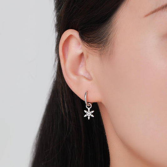 Dainty Snowflake Huggie Hoop in Sterling Silver, Silver or Gold or Rose Gold, Snow Earrings, Snowflake Earrings