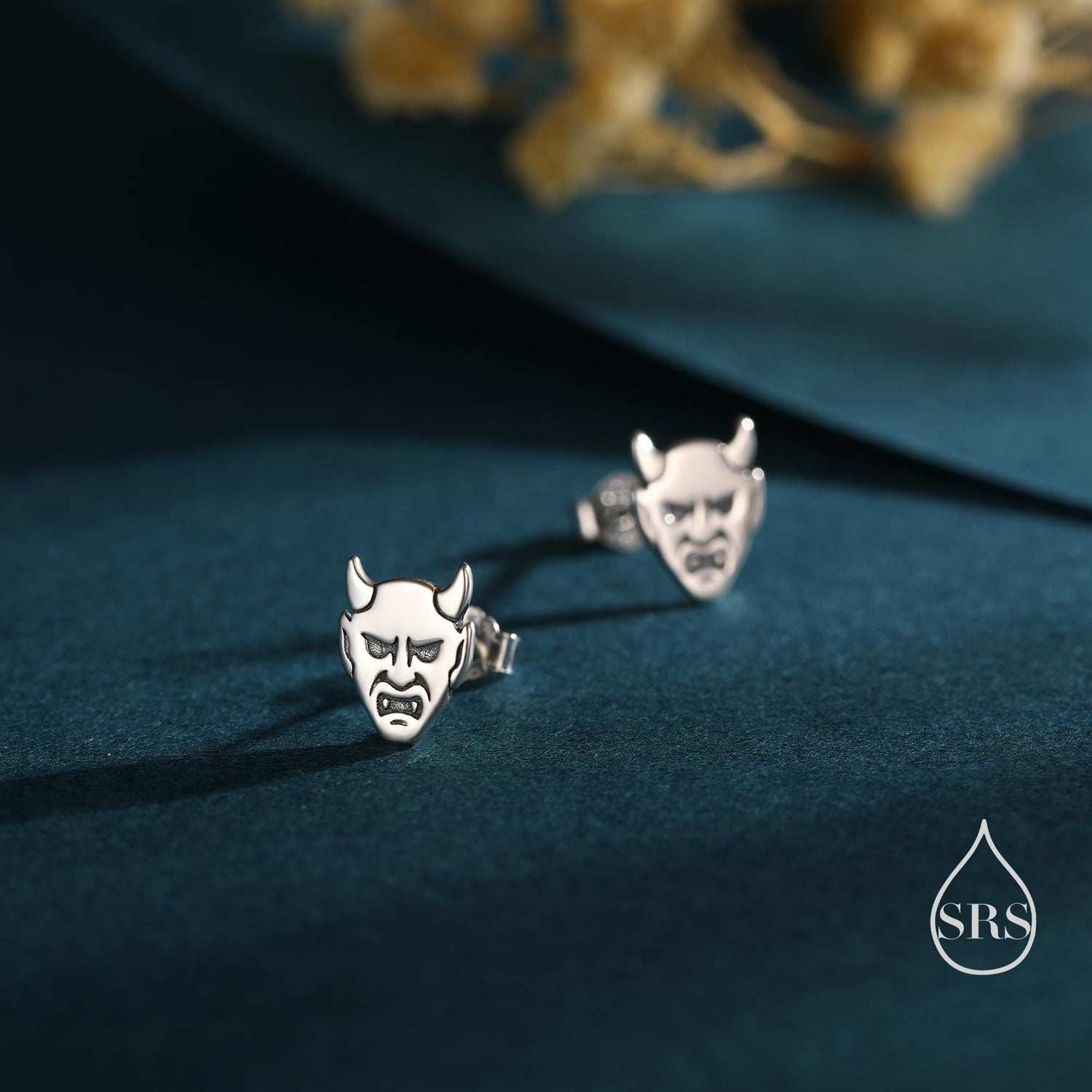 Sterling Silver Japanese Demon Oni Stud Earrings, Fun Earrings, Tiny Earrings, Halloween Earrings