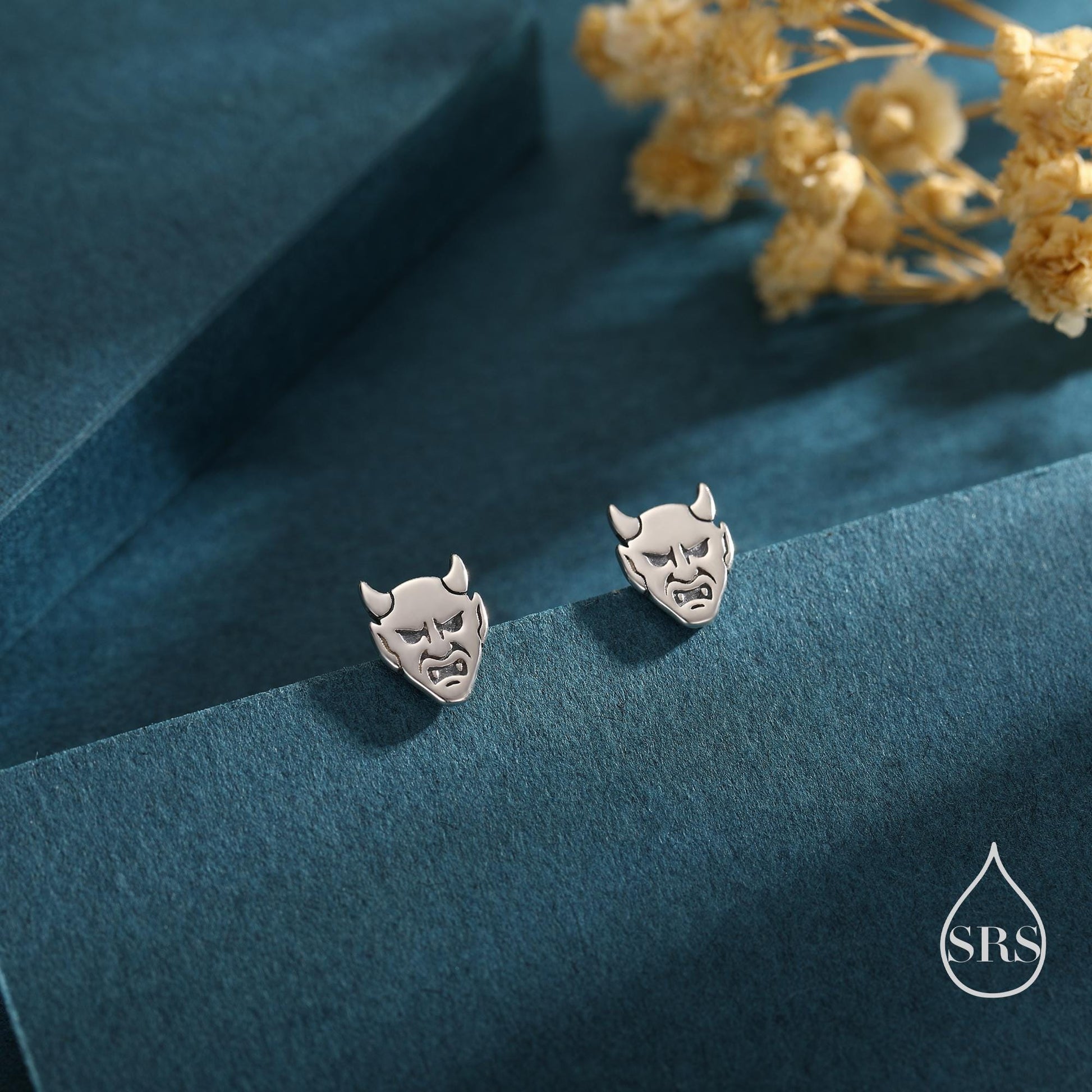 Sterling Silver Japanese Demon Oni Stud Earrings, Fun Earrings, Tiny Earrings, Halloween Earrings