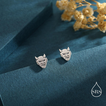 Sterling Silver Japanese Demon Oni Stud Earrings, Fun Earrings, Tiny Earrings, Halloween Earrings