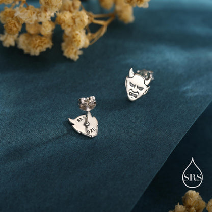 Sterling Silver Japanese Demon Oni Stud Earrings, Fun Earrings, Tiny Earrings, Halloween Earrings