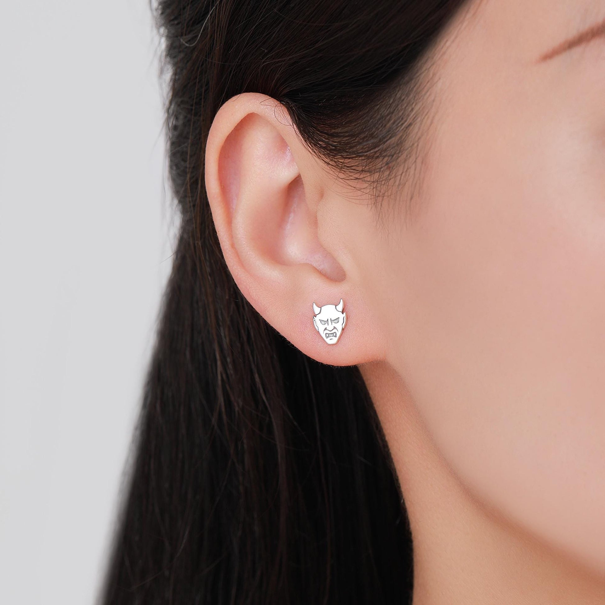 Sterling Silver Japanese Demon Oni Stud Earrings, Fun Earrings, Tiny Earrings, Halloween Earrings