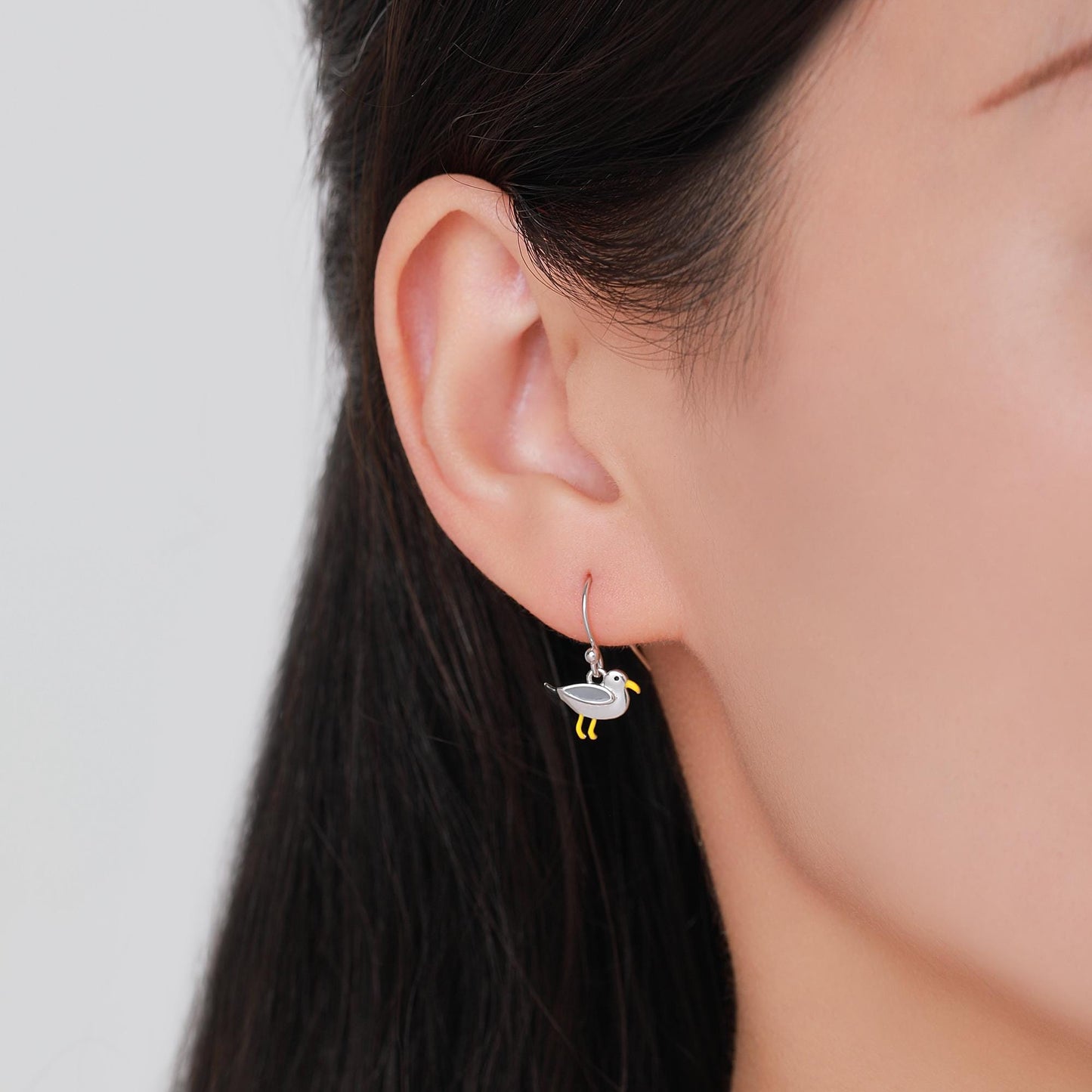 Tiny Sterling Silver Seagull Bird Drop Hook Earrings, Enamel Coated Seagull Bird Drop Dangle Earrings, Nature Inspired Animal Earrings