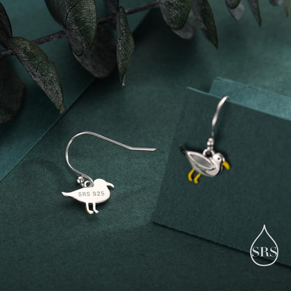 Tiny Sterling Silver Seagull Bird Drop Hook Earrings, Enamel Coated Seagull Bird Drop Dangle Earrings, Nature Inspired Animal Earrings