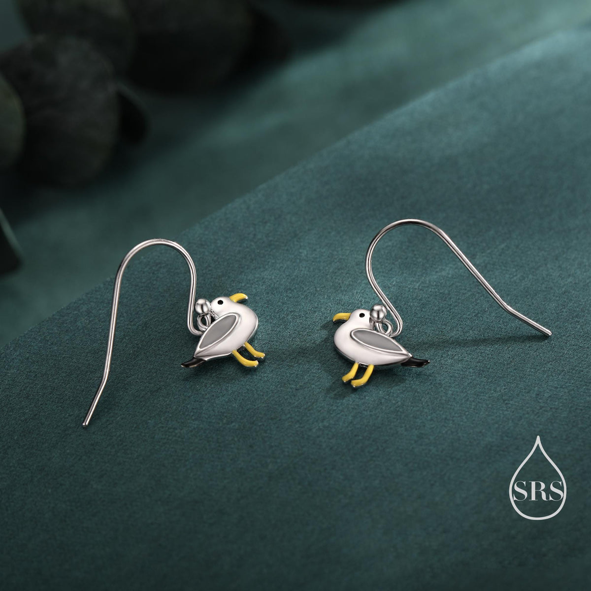 Tiny Sterling Silver Seagull Bird Drop Hook Earrings, Enamel Coated Seagull Bird Drop Dangle Earrings, Nature Inspired Animal Earrings