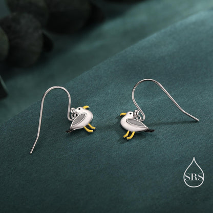 Tiny Sterling Silver Seagull Bird Drop Hook Earrings, Enamel Coated Seagull Bird Drop Dangle Earrings, Nature Inspired Animal Earrings
