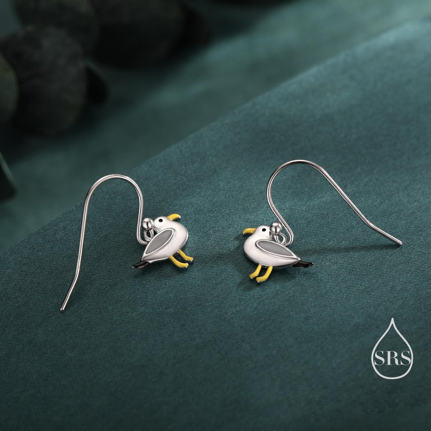 Tiny Sterling Silver Seagull Bird Drop Hook Earrings, Enamel Coated Seagull Bird Drop Dangle Earrings, Nature Inspired Animal Earrings