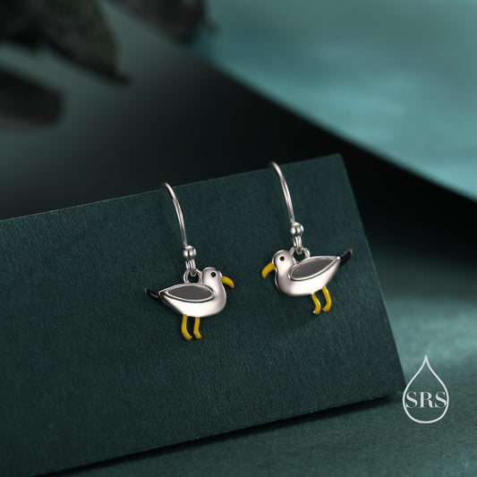Tiny Sterling Silver Seagull Bird Drop Hook Earrings, Enamel Coated Seagull Bird Drop Dangle Earrings, Nature Inspired Animal Earrings