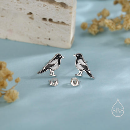 Very Small Sterling Silver Magpie Bird Stud Earrings, Enamel Coated Magpie Bird Earrings, Nature Inspired Animal Earrings, Magpie Stud