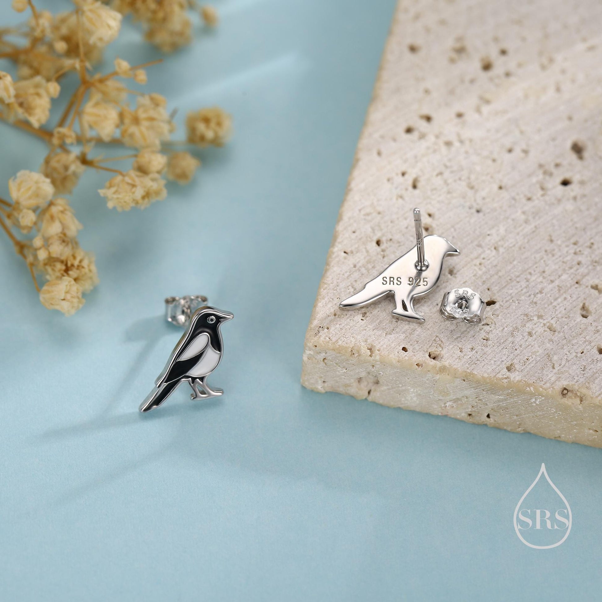 Very Small Sterling Silver Magpie Bird Stud Earrings, Enamel Coated Magpie Bird Earrings, Nature Inspired Animal Earrings, Magpie Stud