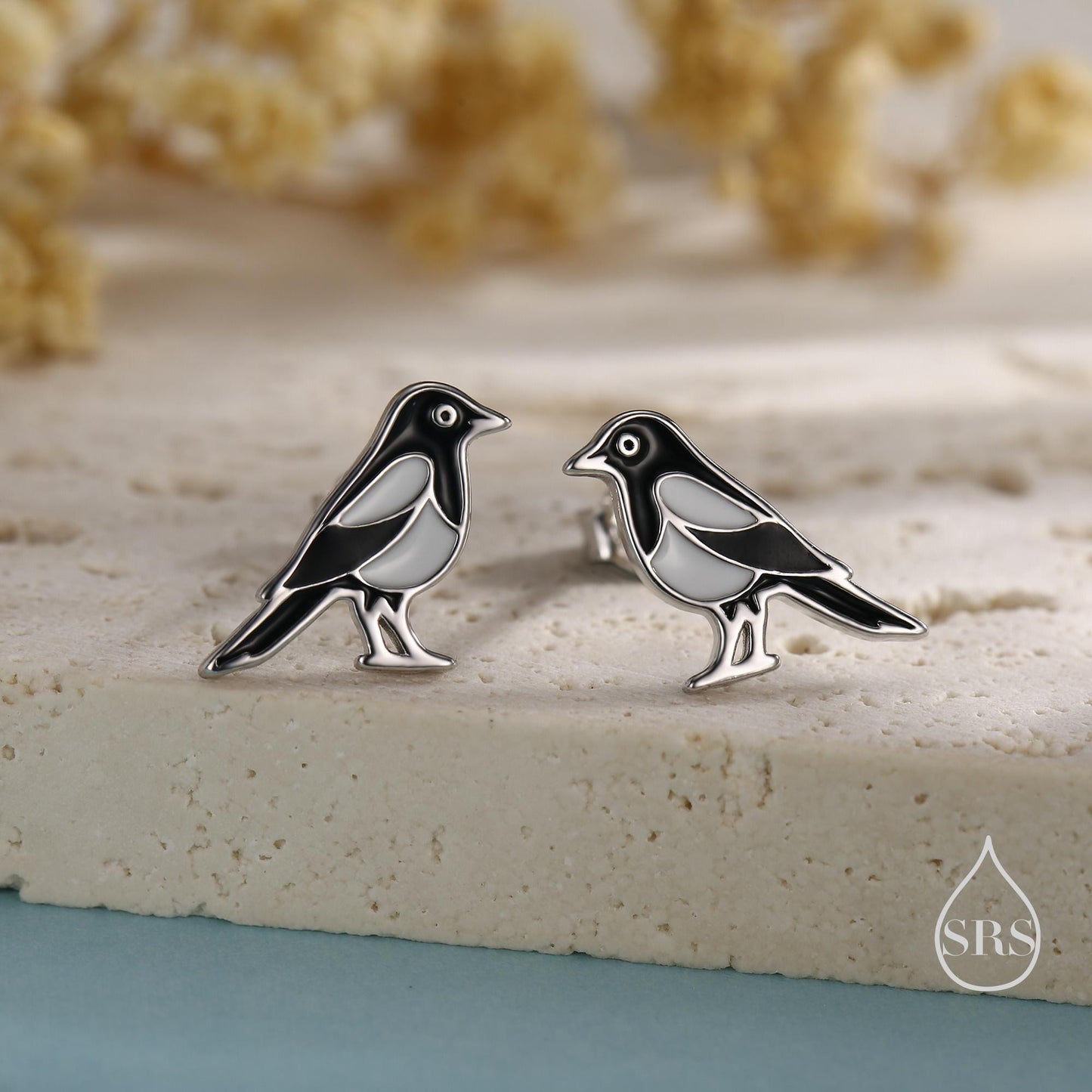 Very Small Sterling Silver Magpie Bird Stud Earrings, Enamel Coated Magpie Bird Earrings, Nature Inspired Animal Earrings, Magpie Stud