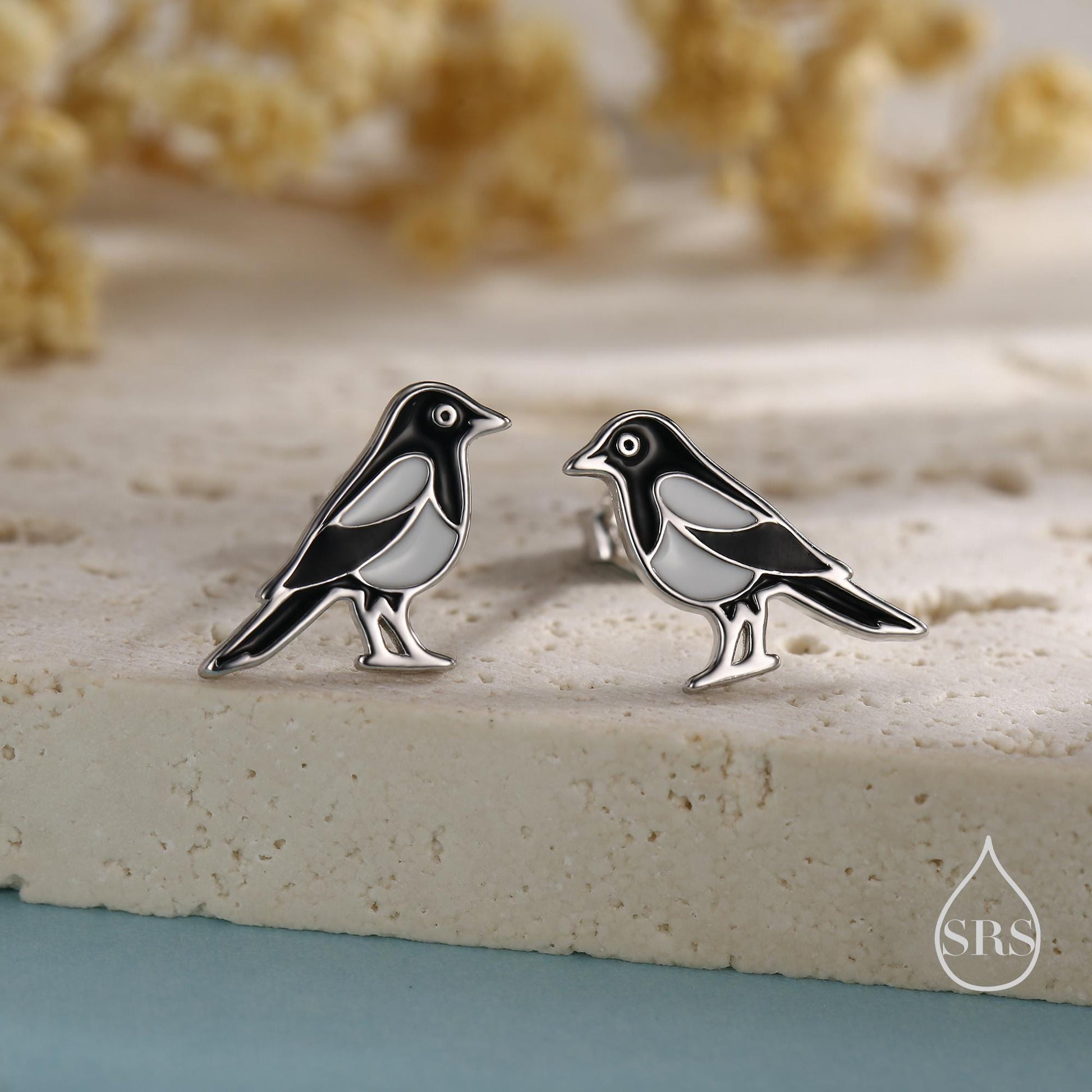 Very Small Sterling Silver Magpie Bird Stud Earrings, Enamel Coated Magpie Bird Earrings, Nature Inspired Animal Earrings, Magpie Stud