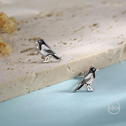 Very Small Sterling Silver Magpie Bird Stud Earrings, Enamel Coated Magpie Bird Earrings, Nature Inspired Animal Earrings, Magpie Stud