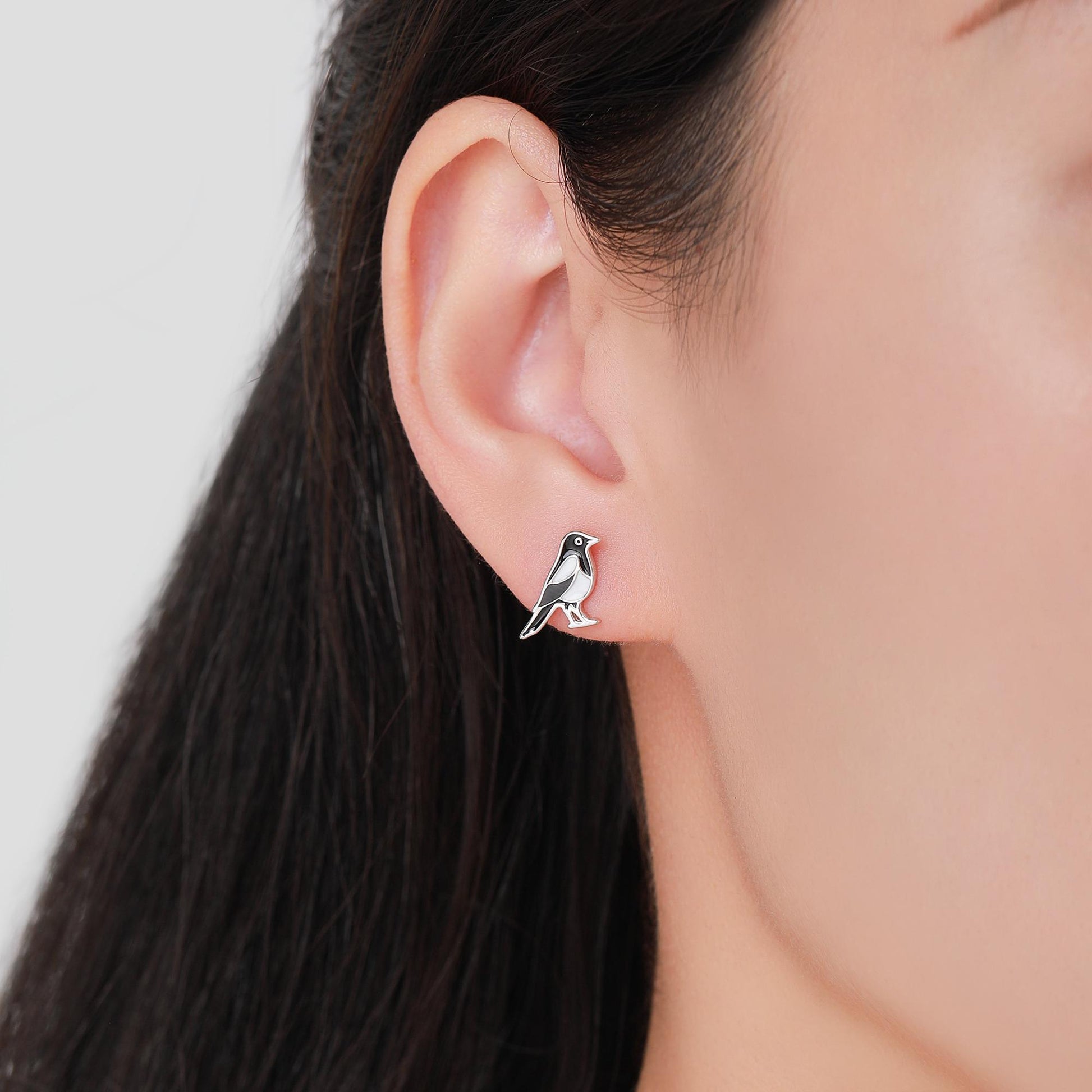 Very Small Sterling Silver Magpie Bird Stud Earrings, Enamel Coated Magpie Bird Earrings, Nature Inspired Animal Earrings, Magpie Stud