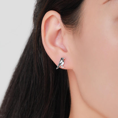 Very Small Sterling Silver Magpie Bird Stud Earrings, Enamel Coated Magpie Bird Earrings, Nature Inspired Animal Earrings, Magpie Stud