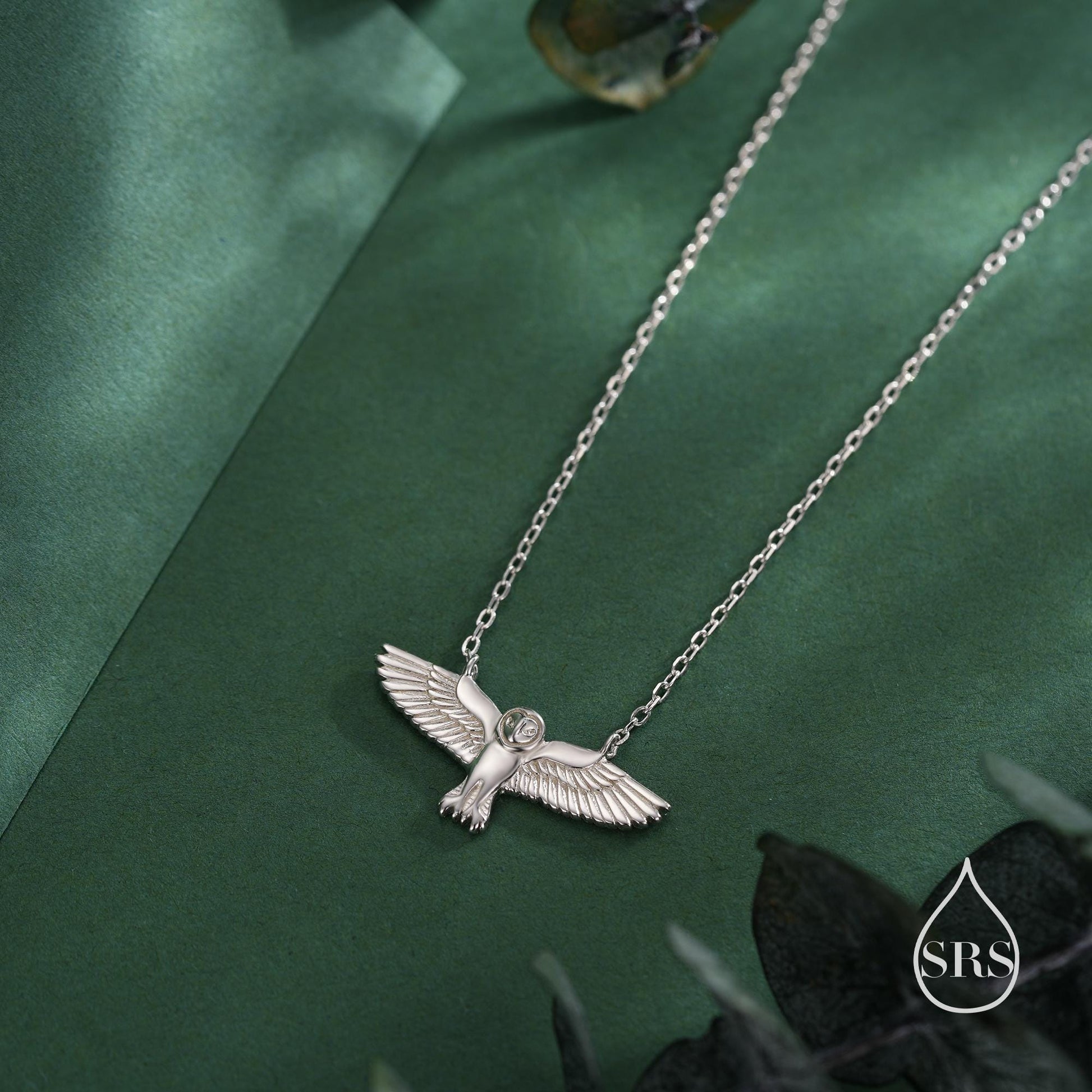 Flying Barn Owl Pendant Necklace in Sterling Silver, Owl Necklace, Silver Barn Owl Necklace, Bird Necklace, Animal Necklace