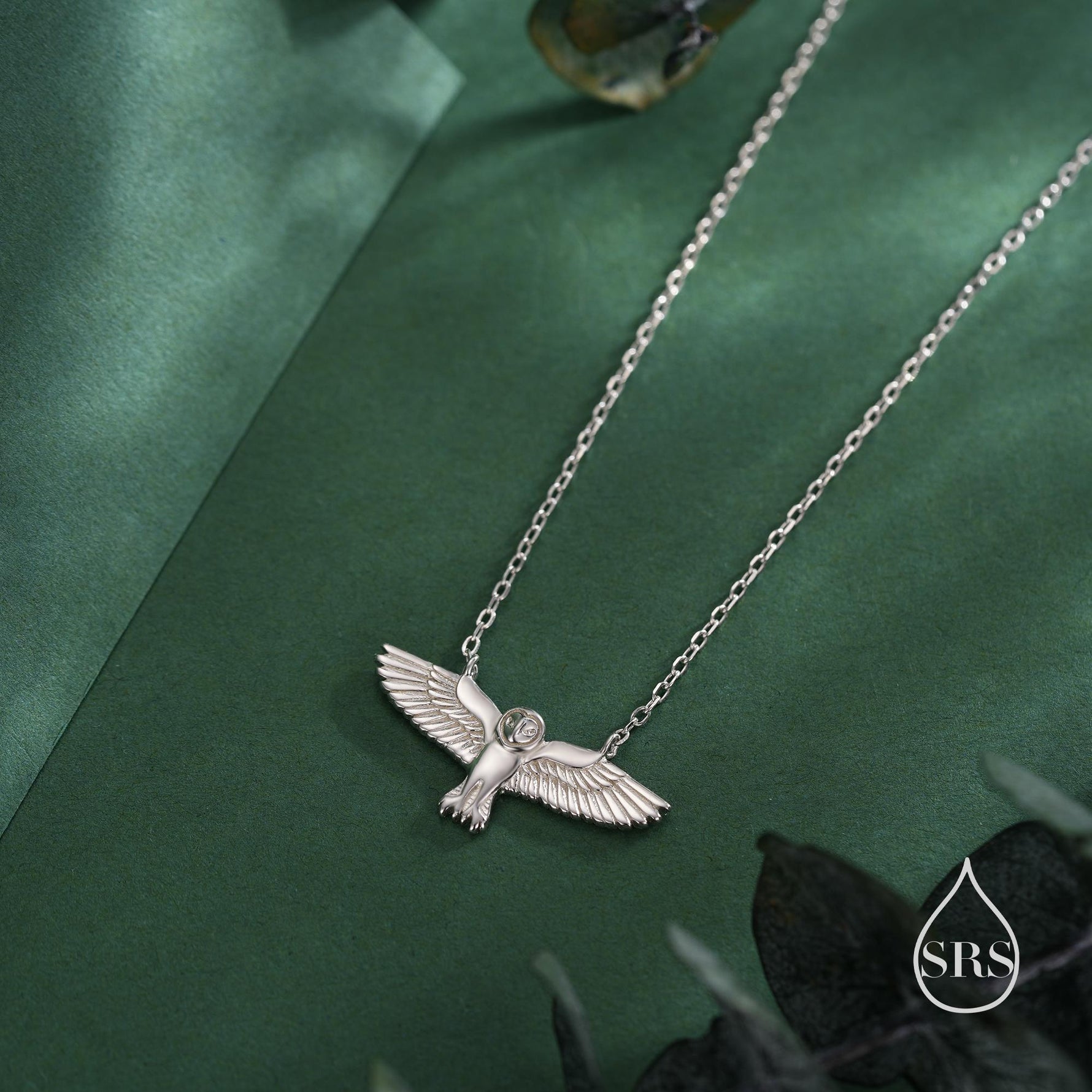 Flying Barn Owl Pendant Necklace in Sterling Silver, Owl Necklace, Silver Barn Owl Necklace, Bird Necklace, Animal Necklace