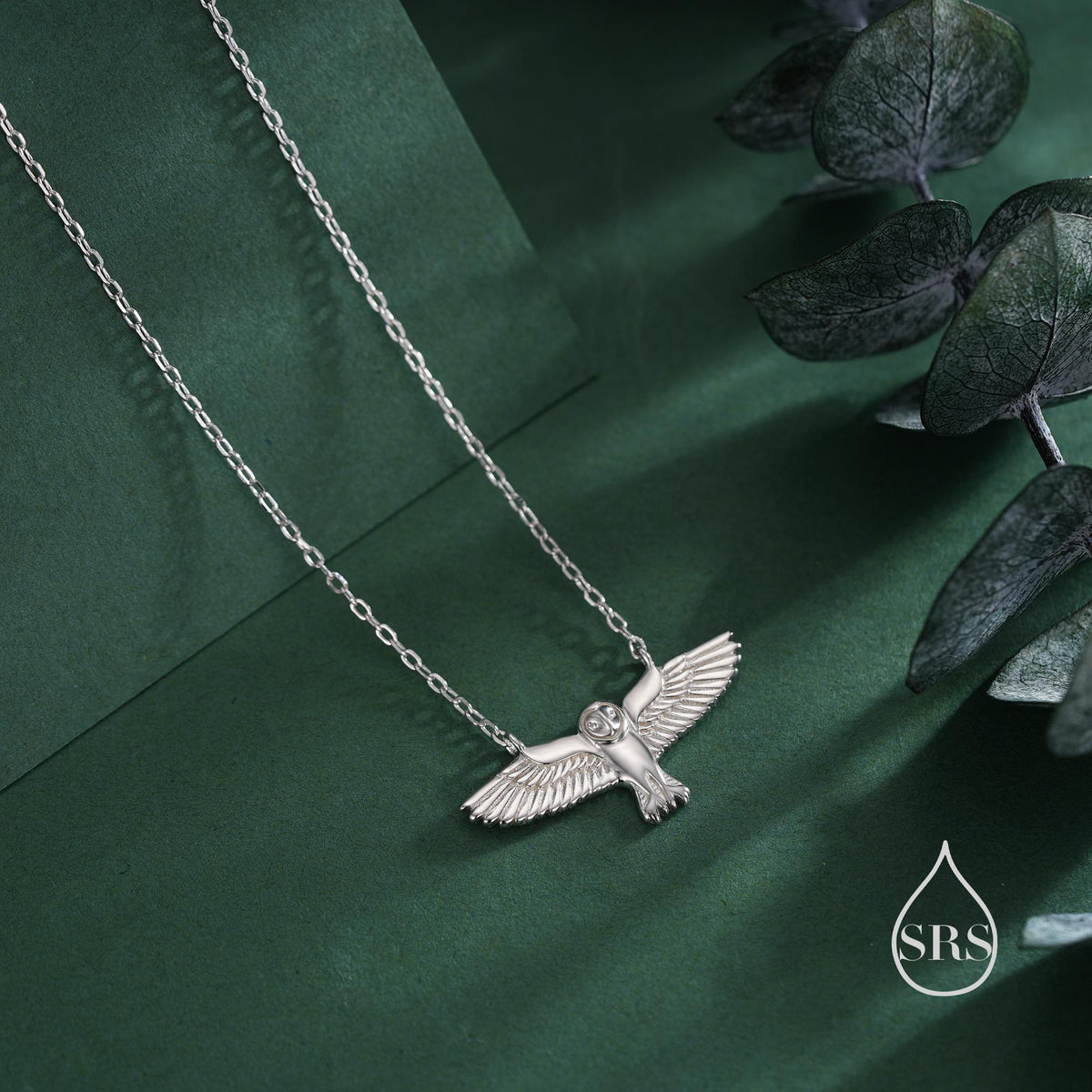 Flying Barn Owl Pendant Necklace in Sterling Silver, Owl Necklace, Silver Barn Owl Necklace, Bird Necklace, Animal Necklace